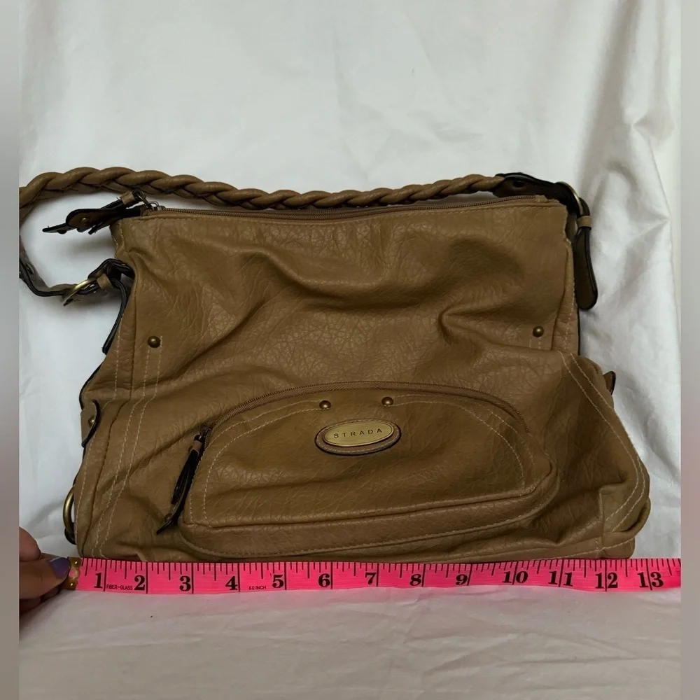 Strada Tan Beige Leather Braided Handle Boho Hobo Purse
